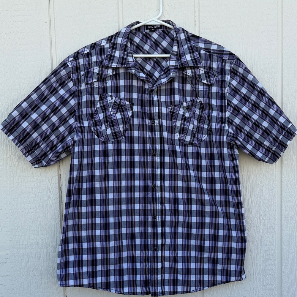 Tool Jeans Men's Plaid Pearl Snap Shirt Size XL Short Sleeves Back Flap Pockets
